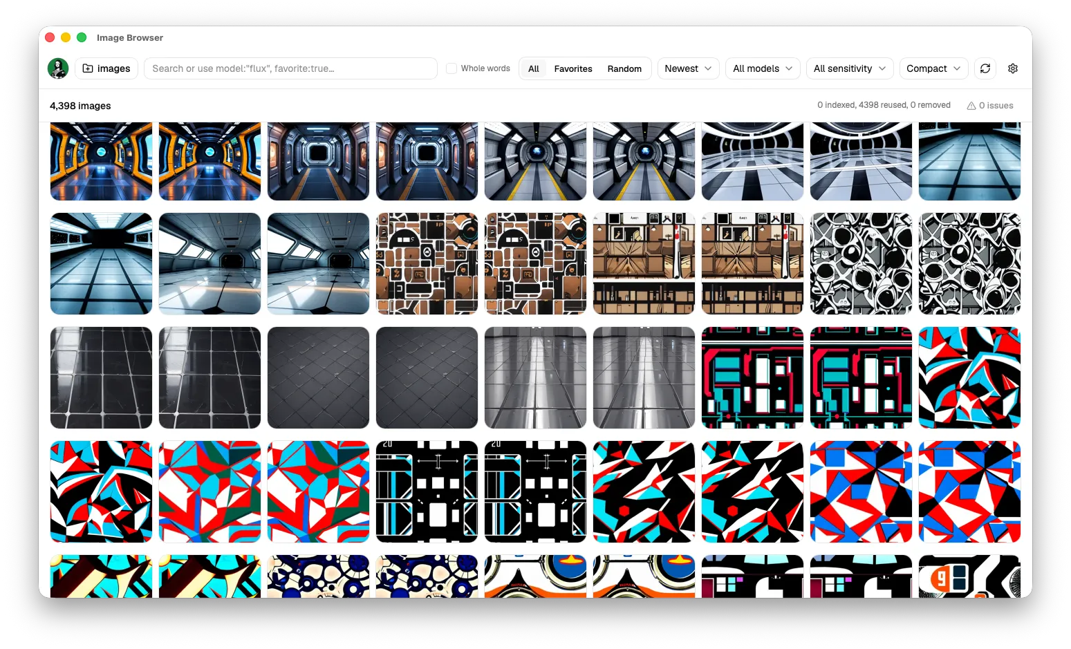 Image Browser s mřížkou obrázků, vyhledáváním a filtrováním podle modelu